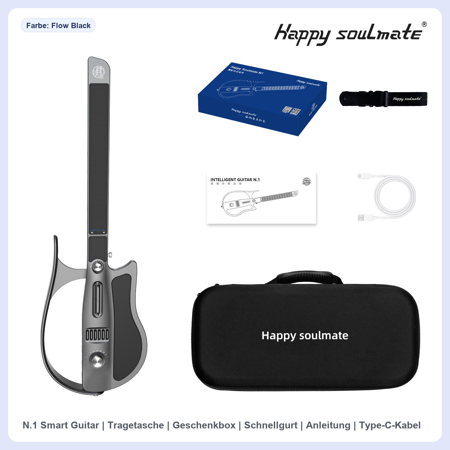 Happy soulmate Smart Guitar N.1 Lieferumfang mit Tragetasche, Geschenkbox, Gurt, Anleitung und Type-C-Kabel